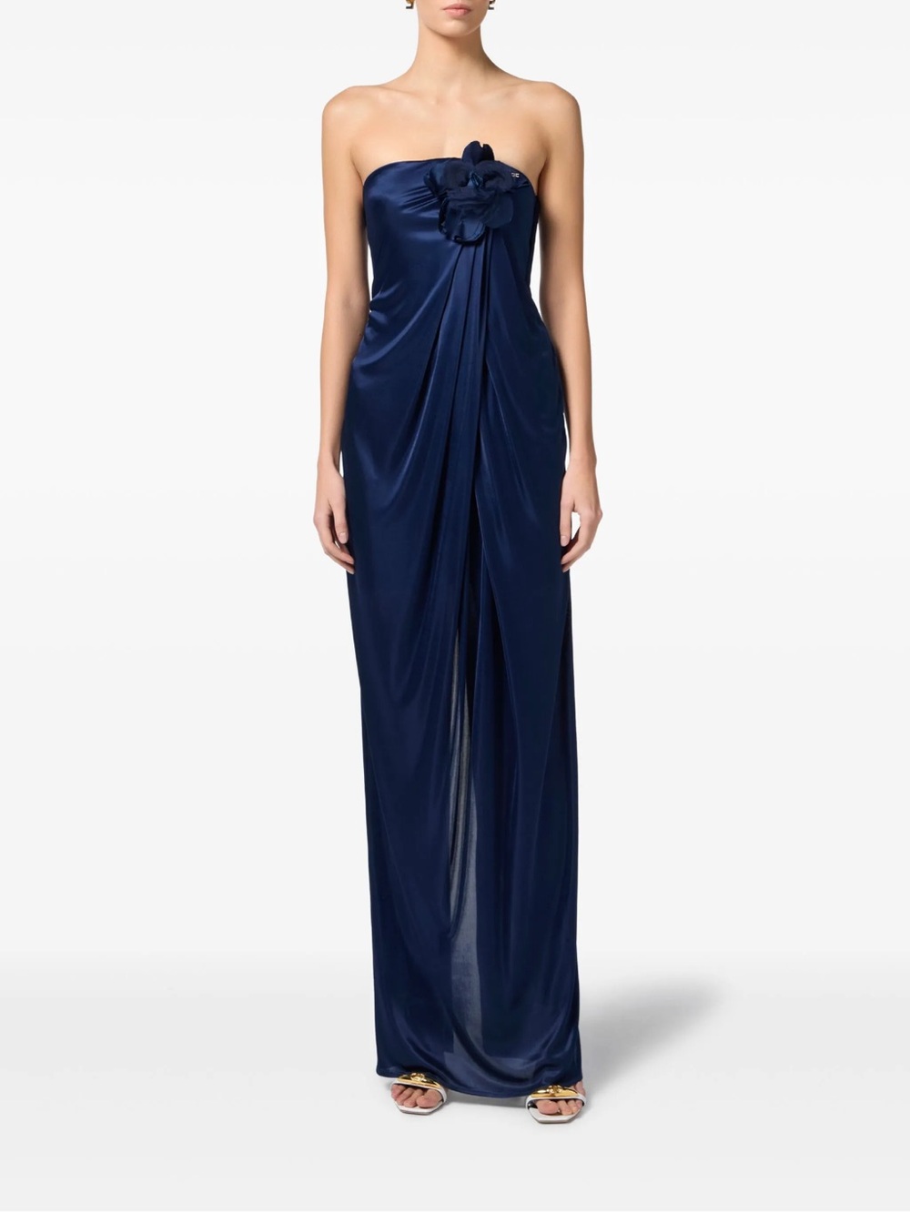 Strapless Navy Evening Gown with Floral Applique